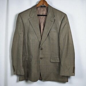 Chaps Blazer‎ Men 42R 100% Silk Houndstooth Beige Brown Blue 2 Button Academia